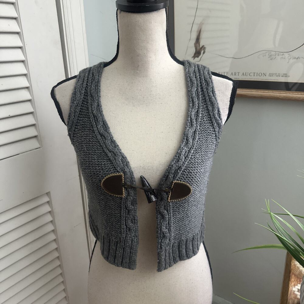 Vintage Moda Int'l Crop Top Womens Small Gray Knit Toggle Y2K Granola Grunge